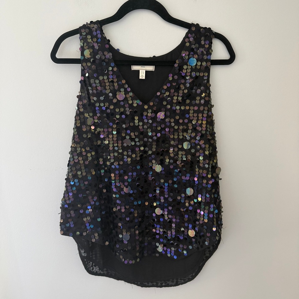 Moulinette Soeurs Anthropologie Iridescent Sequin V-Neck Tank Top Black Size 6